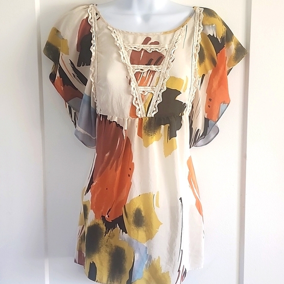 Anthropologie Silk Floral Blouse With Lace Details Size 4 - Picture 2 of 9